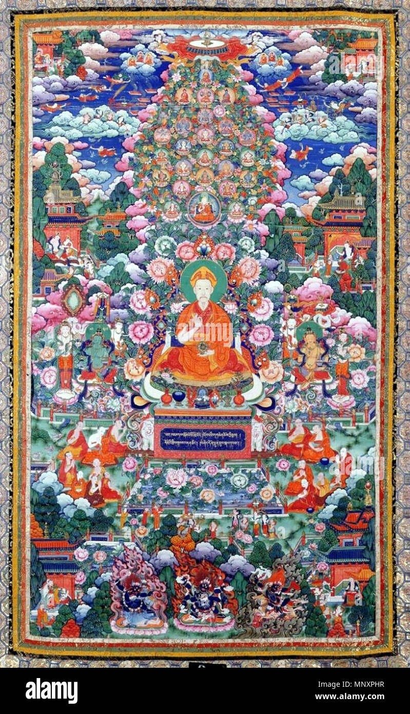 . Inglese: l'Imperatore Qianlong in abito di Lama, Puning si, c. 1758, da un anonimo artista. Thangka, colori su tela. Il testo sotto Qianlong è scritto in tibetano scipt. Il Museo del Palazzo Imperiale di Pechino. Français : L'Empereur Qianlong en costume de lama, Puning si, c. 1758, artiste anonyme, Thangka, couleur sur tissu. Le texte sous Qianlong est en écriture tibétaine. Il Musée du Palais, Pékin. 1758. Unknown 1179 l'Imperatore Qianlong in abito buddista Foto Stock