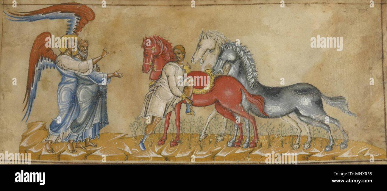 La visione di Zaccaria . Italiano sconosciuto, Sicilia, circa 1300 colori a tempera e oro su pergamena 2 7/8 x 6 7/8 in. MS. 35, la foglia 2 questa miniatura, tagliato da un libro di profeti Dellantico Testamento fatta in Sicilia, presenta il primo del profeta Zaccaria otto visioni, un soggetto raramente rappresentato in arte. Zaccaria sorge sulla sinistra, accanto a un angelo che punti a un uomo il montaggio di un cavallo rosso. L'angelo spiega a Zaccaria che l uomo e la tre cavalli sono un segno di coloro " che il Signore ha inviato a camminare attraverso la terra." Il loop vorticoso di pieghe nelle figure' abbigliamento, il bianco highlig Foto Stock
