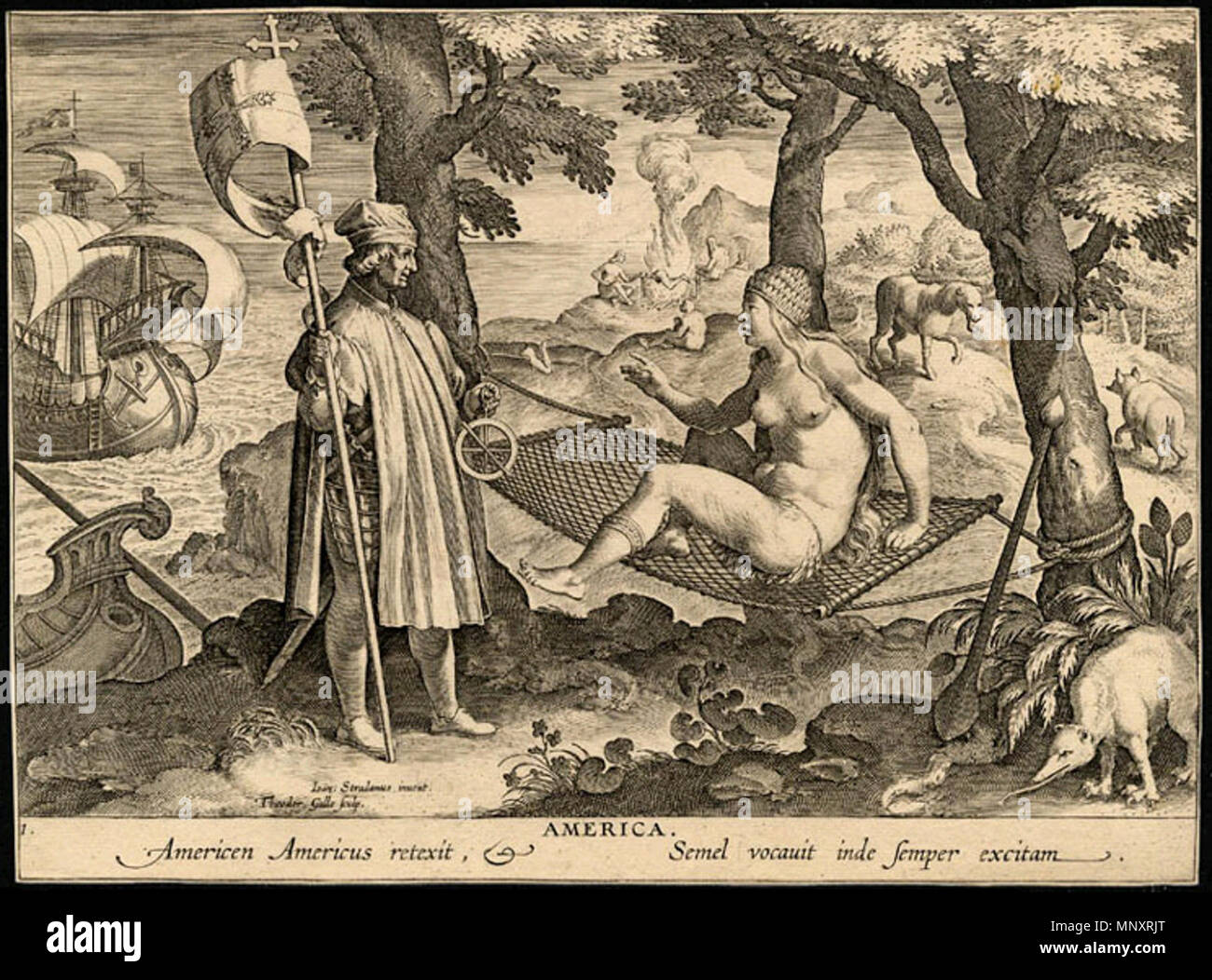 Allegoria dell'America. Inglese: Amerigo Vespucci si risveglia un sonno America. . Tra 1575 e 1580. Jean-Théodore de Bry dopo Stradanus (1523-1605) nomi alternativi Jan van der Straet, Giovanni della Strada, Johannes della strada, di Giovanni Stradano, Johannes Stradano, Giovanni Stradanus, Johannes Stradanus, Jan van Straeten, Jan van Straten Descrizione pittore fiammingo e disegnatore Data di nascita e morte 1523 2 Novembre 1605 Luogo di nascita e morte Bruges Firenze sede di lavoro Anversa (1545), Firenze (circa 1550-1605), Roma (circa 1550-1553) Autorità di controllo : Q143595 VIAF: 2 Foto Stock