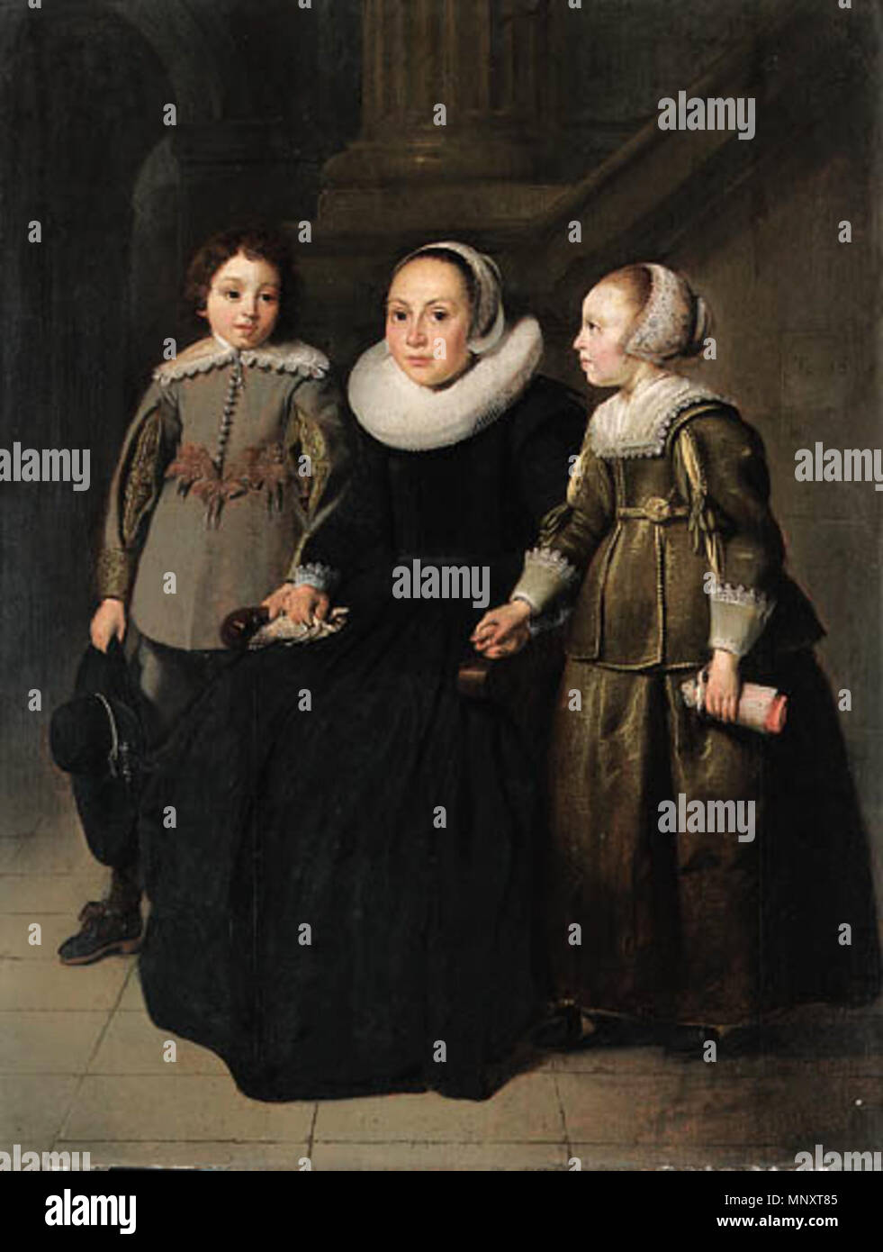 Ritratto di una donna seduta e due bambini . Inglese: Ritratto di una dama,  full-length, seduti in un abito nero con collare bianco e cappuccio,  tenendo un fazzoletto con suo figlio in
