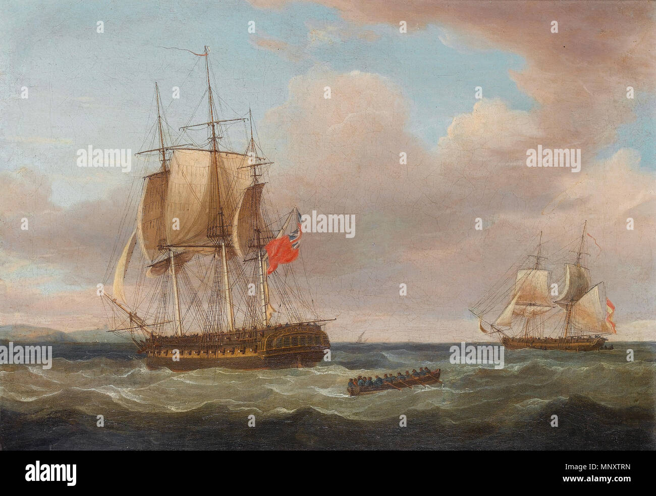 Inglese: H.M.S. "Pique' 40, pistole, Capitano C.H.B. Ross catturare il brigantino spagnolo 'Orquijo', 18 cannoni, 8th. Febbraio 1805 Data Sconosciuta. 1190 Thomas Whitcombe - H.M.S. "Pique' 40, pistole, Capitano C.H.B. Ross catturare il brigantino spagnolo 'Orquijo', 18 cannoni, 8th. Febbraio 1805 Foto Stock