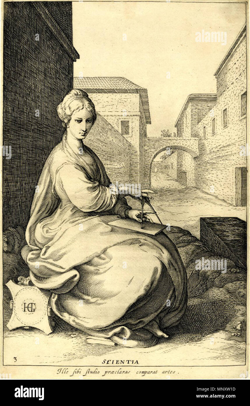 . Inglese: tre virtù. La piastra 3: La saggezza o la scienza, tutta la lunghezza, seduto alla destra, tenendo il compasso. Incisione di Jan Saenredam dopo Hendrik Goltzius. 1615. Jan Saenredam dopo Hendrik Goltzius 1191 tre virtù Scientia Foto Stock