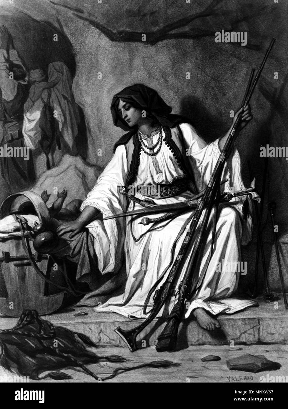 Théodore Valerio (Francese, 1819-1879). "Donna dei balcani con pistole tendendo un bambino", ca. 1867 ?. acquerello con grafite underdrawing e gomma di innalzamento di panna, spessa, a trama fitta carta intessuta. Walters Art Museum (37.1410): acquisita da William T. Walters, 1867 (?). 37.1410 1192 Théodore Valerio - Balkan donna con pistole tendendo un bambino - Walters 371410 Foto Stock