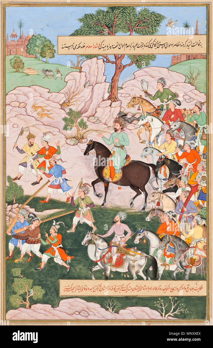 . Inglese: Tulsi , Madhu Toda Mongke e la sua orda mongola, Folio da un Chingiznama (storia di Gengis Khan), 1596; pittura acquerello, acquerello opaco, oro e inchiostro su carta, foglio: 15 x 10 in. (38,1 x 25,4 cm); l'immagine: 12 3/8 x 8 in. (31,4 x 20,3 cm) dall'Nasli e Alice Heeramaneck raccolta, Museo Associates acquisto (M.78.9.8) a sud e sud-est asiatico Dipartimento Arte. . 1596. 1198 Toda Mongke e la sua orda mongola Foto Stock