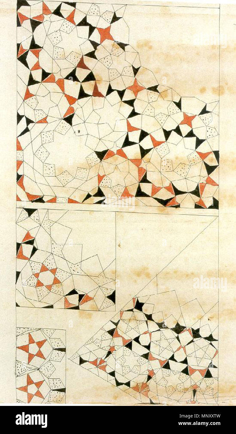 . Disegno di muqarnas dal Topkapi Scroll // a forma di ventola muqarnas radiale trimestre vault, rhombodial uno - otto unità di ripetizione di un ottagonale a forma di ventola muqarnas radiale trimestre vault, a forma di ventaglio muqarnas radiale trimestre vault e rettangolare di unità di ripetizione di muqarnas stellate frammento medievale islamica. sperduta 1199 Topkapi scorrere p294 Foto Stock