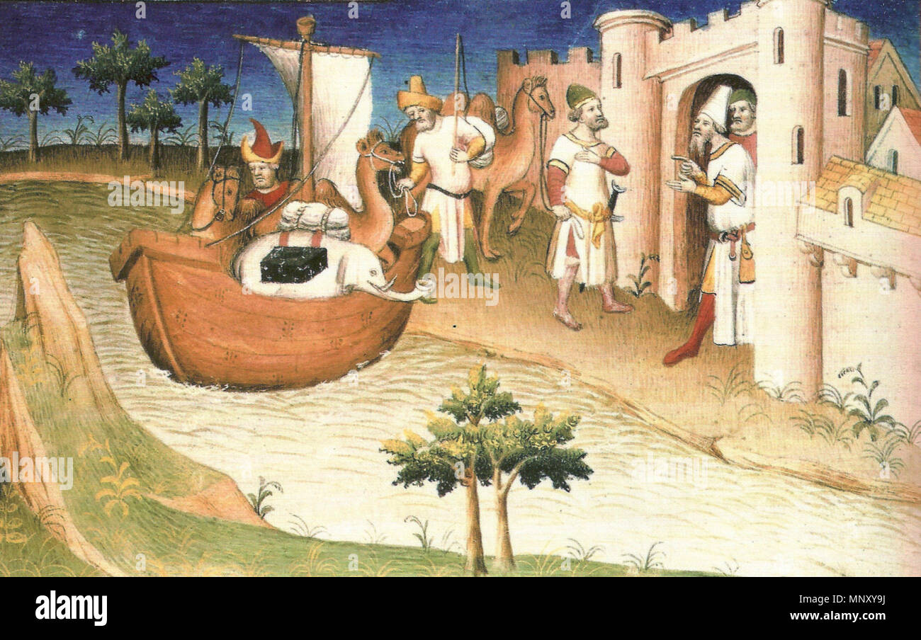 . Inglese: Marco Polo il viaggio, miniatura dal libro "I viaggi di Marco Polo' ('Il milione'), originariamente pubblicato durante il Polo di durata (c. 1254 - Gennaio 8, 1324), ma frequentemente ristampato e tradotto. Español: Ilustración del libro 'Los viajes de Marco Polo' ('Il milione'), originalmente escrito en base a los relatos del propio Marco Polo (hacia 1254 - 8/9 de enero de 1324), pero luego frecuentemente reproducido traducido y. Bibliografía de apoyo: Marco Polo, il milione, Bur, 2006, ISBN: 8817100358 y 9788817100359, 544 páginas (texto en linea). 8 gennaio 1324. Sconosciuto 854 Marco Foto Stock