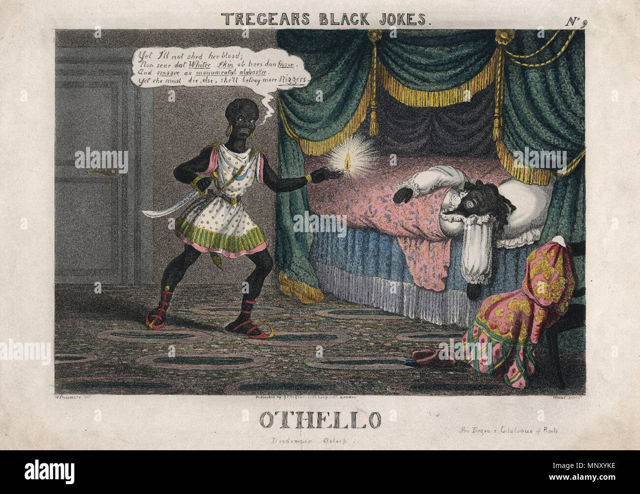 . Inglese: stampa pubblicato da Gabriel Shear Tregear (1802 - 21 febbraio 1841). Questa illustrazione è di pubblico dominio perché l'artista morì più di cento anni fa. 1841. Daderot 1204 Tregear's Black scherzi - Otello (atto V, sc. 2) Desdemona addormentato - Tregear Foto Stock