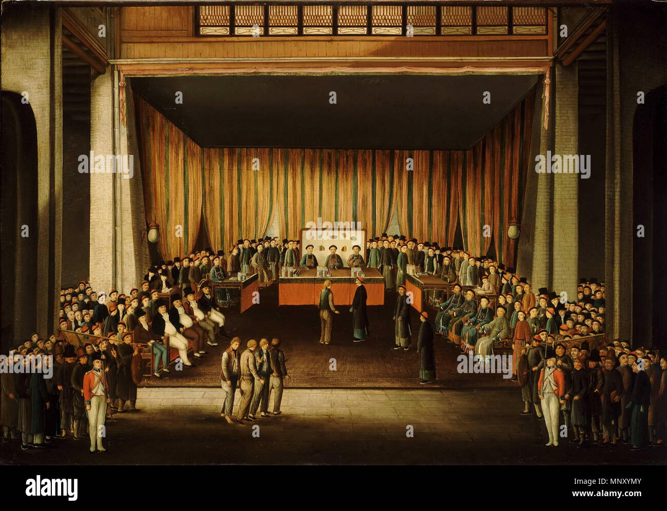 . Versione di prova di quattro marinai britannici a Canton, 1 ottobre 1807: scena all'interno della corte. circa 1807. Scuola Cinese del XIX secolo 1204 Prova di quattro marinai britannici a Canton - Scena all'interno di Corte Foto Stock