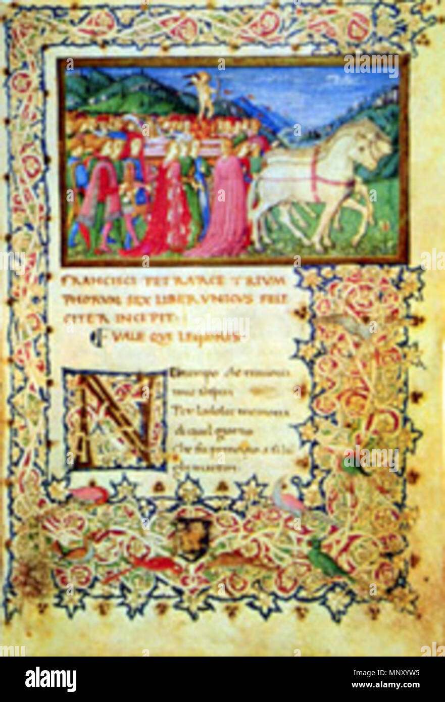 . Scuola lombarda, il Trionfo d'amore, sec.XV, miniatura, I Trionfi di Petrarca, ms. 141, f.1r, Biblioteca Casanatense, Roma . sec.XV,. Scuola lombarda 1205 Trionfo d'amore, miniatura lombarda Foto Stock
