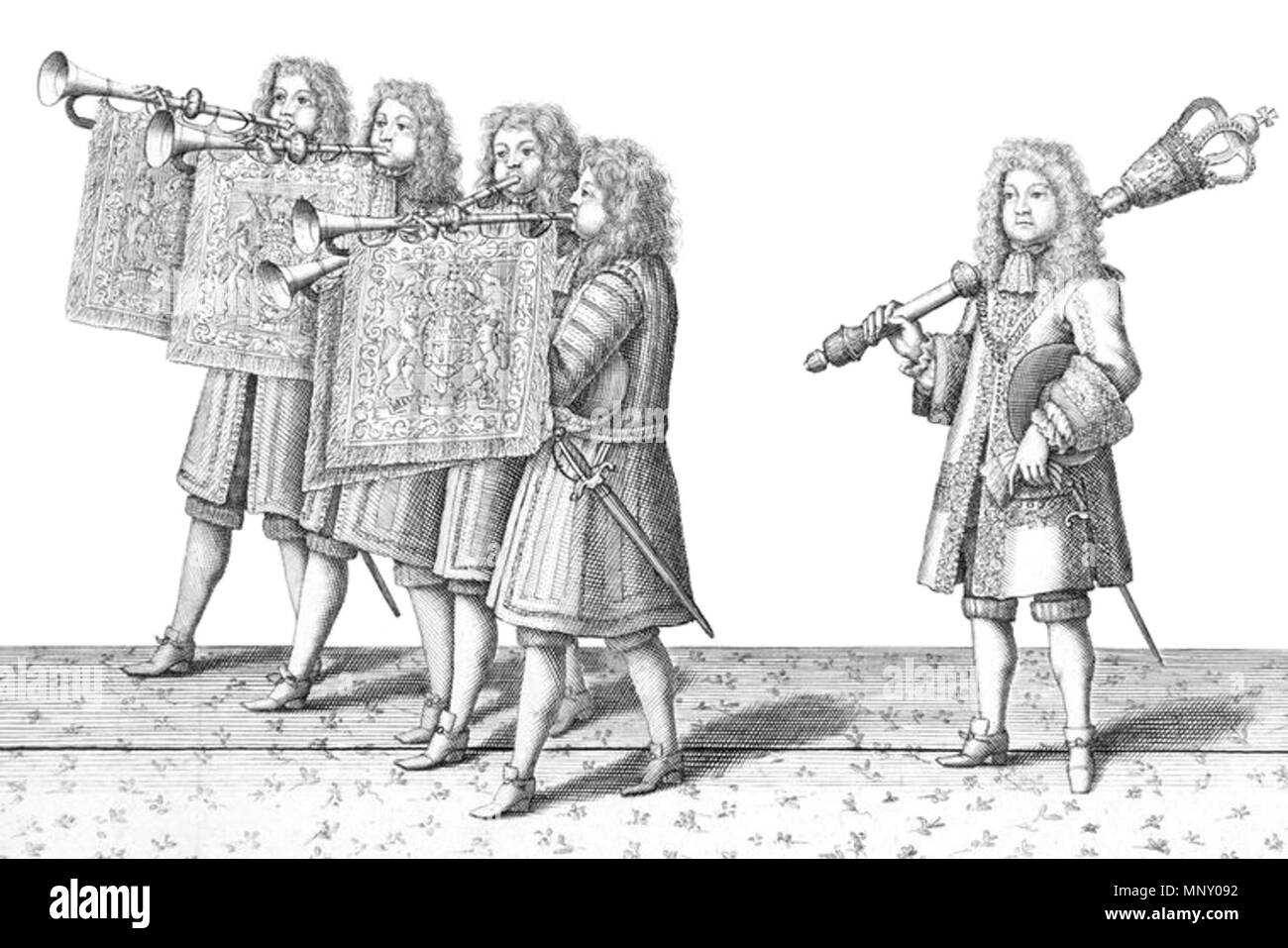 . Inglese: trombettieri e una mazza portatore presso l' incoronazione del re Giacomo II d'Inghilterra nel 1685. 1687. Francesco Sandford (1630 - 94) 1207 trombettieri e macis portatore 1685 Foto Stock