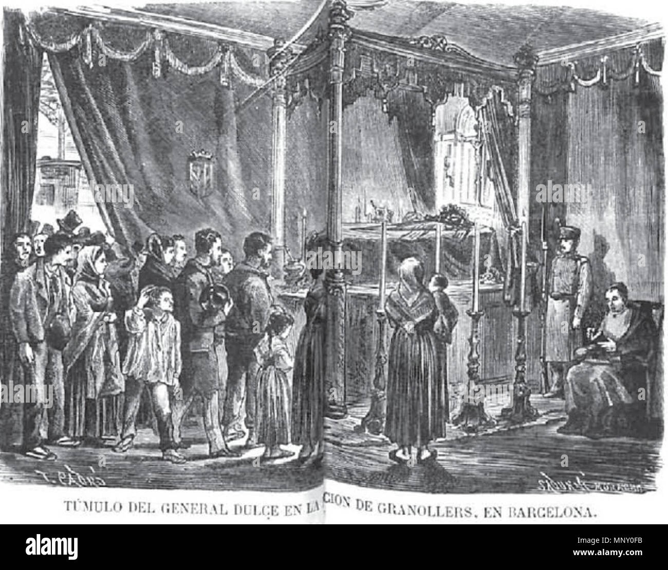 . Español: Tumulo del generale Domingo Dulce y Garay, Capitán General de Cuba en la Estación de ferrocarril de Granollers, provincia de Barcelona, España, muerto el 23 de noviembre de 1869 en la localidad antaño catalana de Els Banys d'Arles mi Palaldà. Il 31 dicembre 2012, 19:11:39. La Ilustración Española y Americana. 25/12/1869. Página 14. Dibujo: Tomás Padró Pedret (1840-1877) nomi alternativi descrizione AºWº spagnolo pittore e disegnatore Data di nascita e morte 11 Febbraio 1840 16 aprile 1877 Luogo di nascita e morte Barcellona Barcellona competente controllo : Q9088288 VIAF: 87728556 è Foto Stock