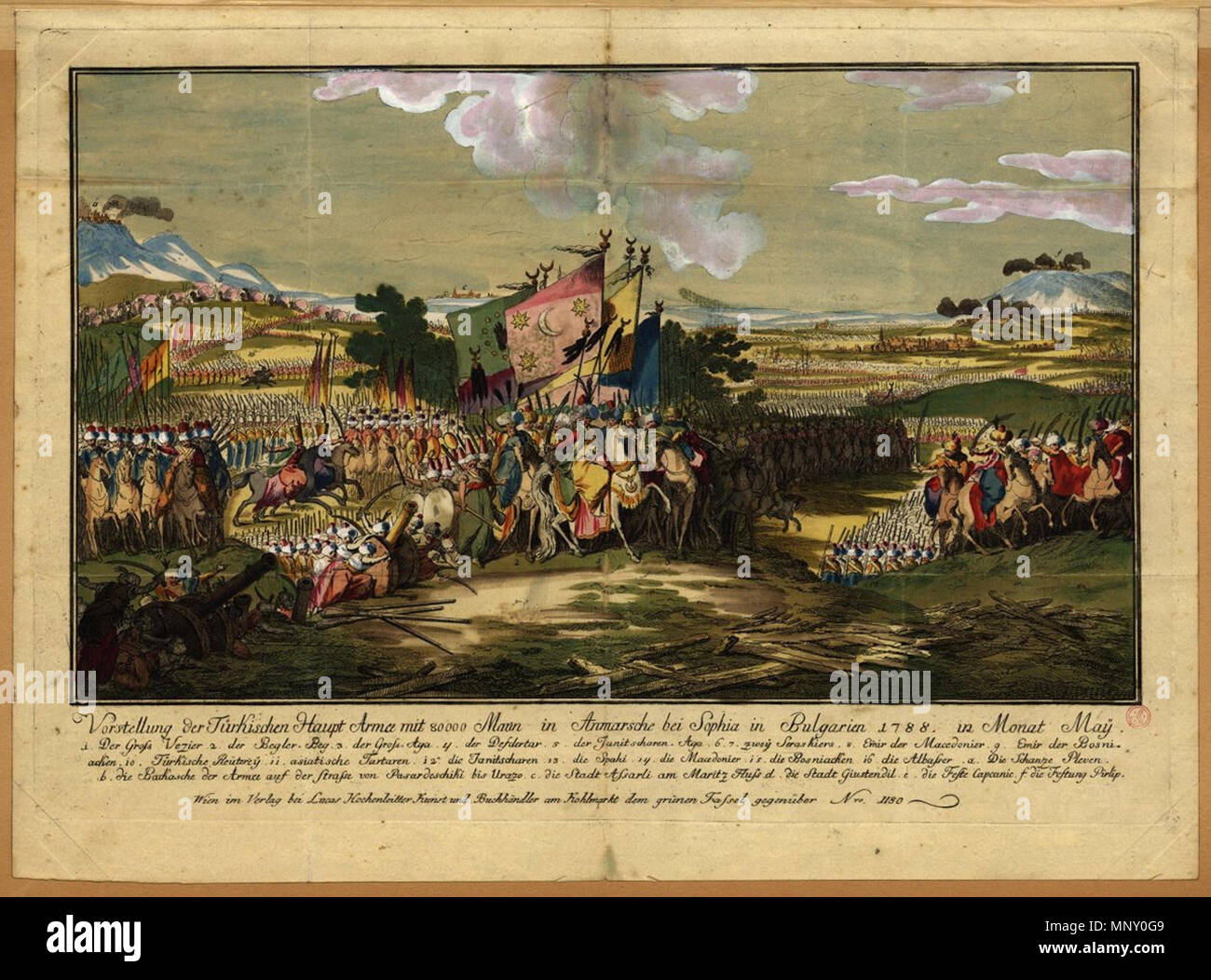 . Deutsch: Vorstellung der Türkischen Haupt Armee mit 80.000 Mann nel Anmarsche bei Sophia in Bulgarien 1788, in Monat può . 1788. Lucas Hochenleitter 1208 TurkischeHauptArmeeHochenleitterBGHistory Foto Stock