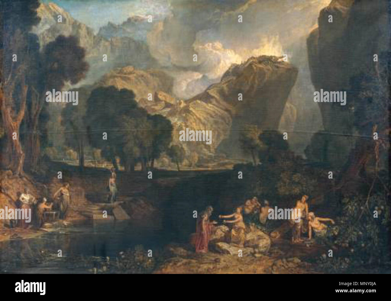 Deutsch: Landschaft mit dem Garten des Esperidi inglese: la dea della Discordia scegliendo Apple di contesa nel Giardino delle Esperidi. 1806 o precedenti (prima esposizione nel 1806). 1208 Turner, Joseph Mallord William - La dea della Discordia scegliendo Apple di contesa nel Giardino delle Esperidi - c. 1806 Foto Stock