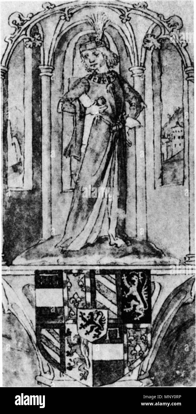 . Inglese: i due anni di Filippo il Bello nel coro della cattedrale di San Giovanni in 's-Hertogenbosch doppiato cavaliere del vello d'Oro (Maggio 1481). Acquerello su carta. Immagine 14 × 7,3 cm. Bruxelles, Royal Library Albert I (inv.n. 13073-74, fol. 407-r). Nederlands: De tweejarige Philips de Schone in het koor van de Sint-Jan te 's-Hertogenbosch tot ridder van het Gulden Vlies geslagen (mei 1481). Waterverf op papier. Afbeelding 14 × 7,3 cm. Brussel, Koninklijke Bibliotheek Albert I (inv.nr. 13073-74, fol. 407-r). 1485. Meester van de Brugse Kroniek van Vlaanderen 1209 Due anni di Phili Foto Stock