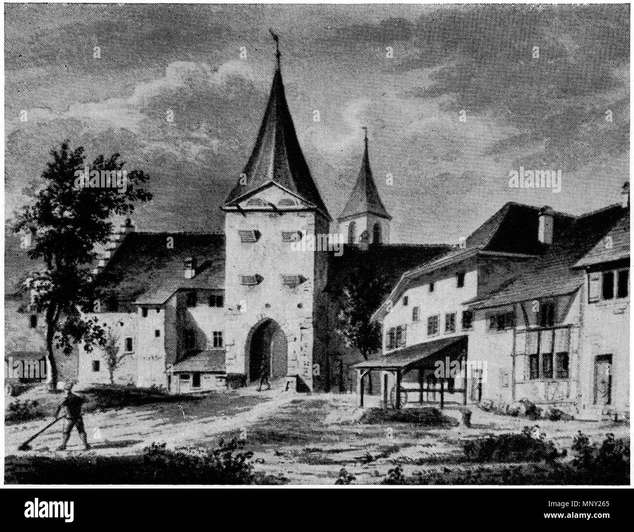 . Deutsch: Das Untere Thor der Stadt Bülach, abgetragen 1840; Zeichnung Ludwig Schultheſs' von 1839. 1839. Ludwig Schultheſs (1805-1844) 1216 UnteresThorPulliaci1839i Foto Stock