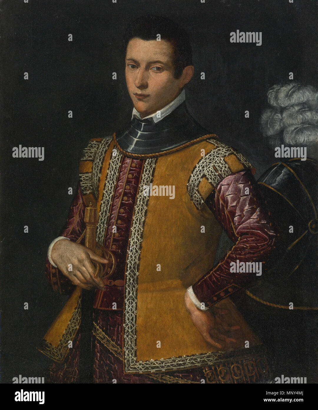 . Inglese: Ritratto di un uomo in parte-armout, tenendo in mano una spada. . Il XVI secolo. 1228 Scuola Veneziana Ritratto di un uomo che tiene una spada Foto Stock