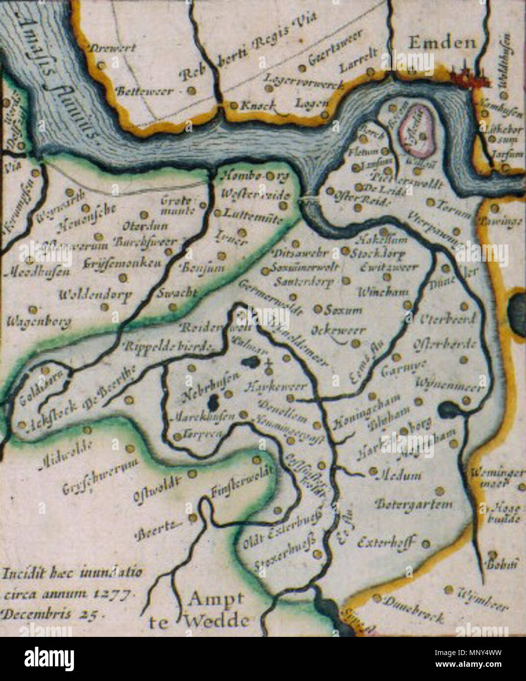 . Mappa dei luoghi affondata nel Dollart estuarium (tra circa 1300 e 1500), realizzato dall'olandese Ubbo historicus Emmius nel 1630 sulla base di una ricerca da parte di Jacob van der Meersch nel 1574 . 1630. Ubbo Emmius (sulla base di Jacob van der Meersch di lavoro) 1229 Verdronken Dollarddorpen - Emmius, 1630 Foto Stock