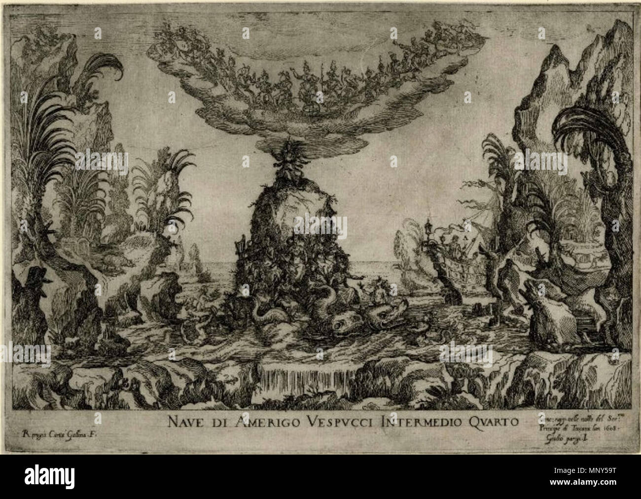 . Allegoria della nave di esploratore fiorentino Amerigo Vespucci. Apparentemente un dio (Minerva? Scienza?) mantiene aperta una stretta intercapedine tra la divinità del cielo e del mare gli dèi. Navata de Amerigo Vespucci, quarto attacco dal sette intermedi per le nozze di Cosimo de' Medici, 1608. 1608. Remigio Cantagallina e Giulio Parigi 1231 Vespucci la nave tra dèi Foto Stock