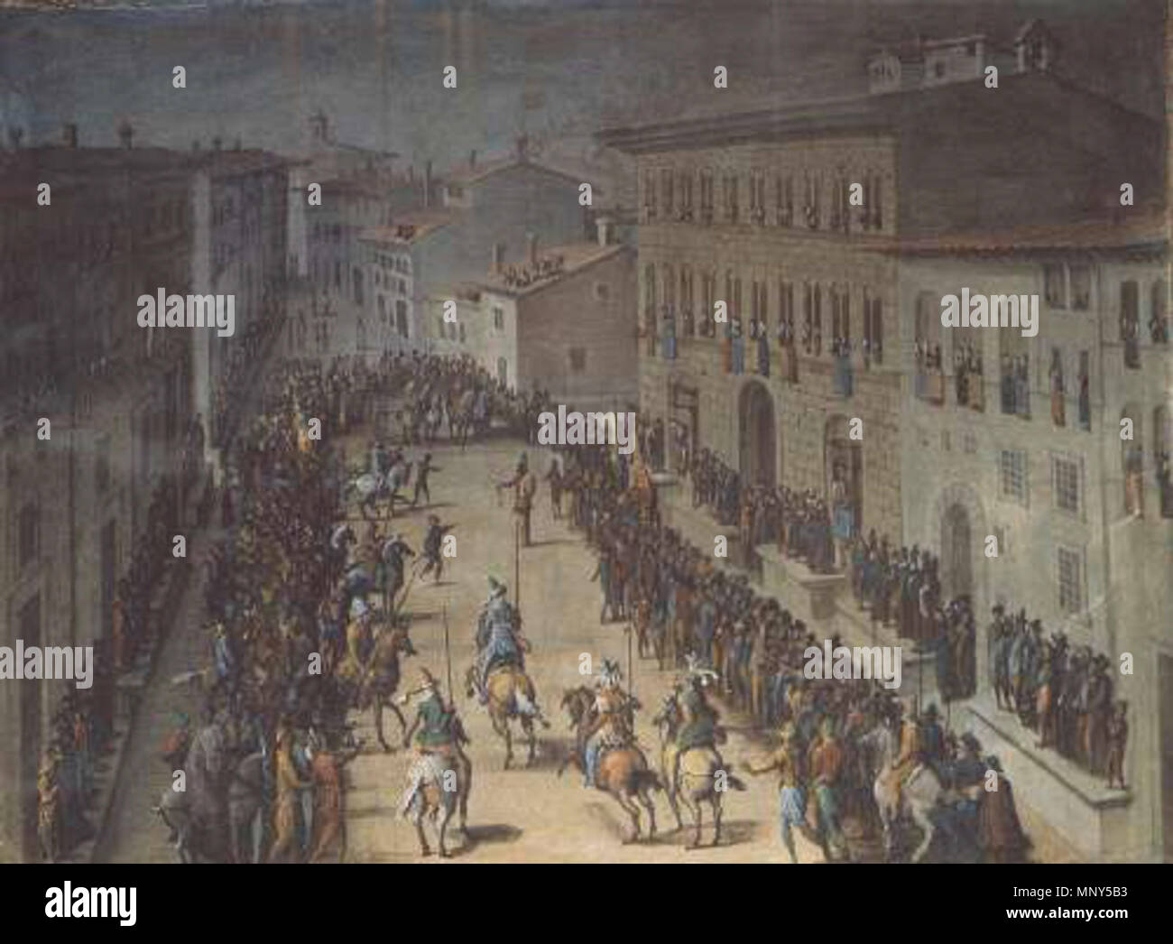 Italiano: Giostra del Saracino in Via Larga 1561. Stradanus (1523-1605) nomi alternativi Jan van der Straet, Giovanni della Strada, Johannes della strada, di Giovanni Stradano, Johannes Stradano, Giovanni Stradanus, Johannes Stradanus, Jan van Straeten, Jan van Straten Descrizione pittore fiammingo e disegnatore Data di nascita e morte 1523 2 Novembre 1605 Luogo di nascita e morte Bruges Firenze sede di lavoro Anversa (1545), Firenze (circa 1550-1605), Roma (circa 1550-1553) Autorità di controllo : Q143595 VIAF: 29699451 ISNI: 0000 0000 8108 906X ULAN: 500011304 LCCN: N84804240 NLA: 35875 Foto Stock