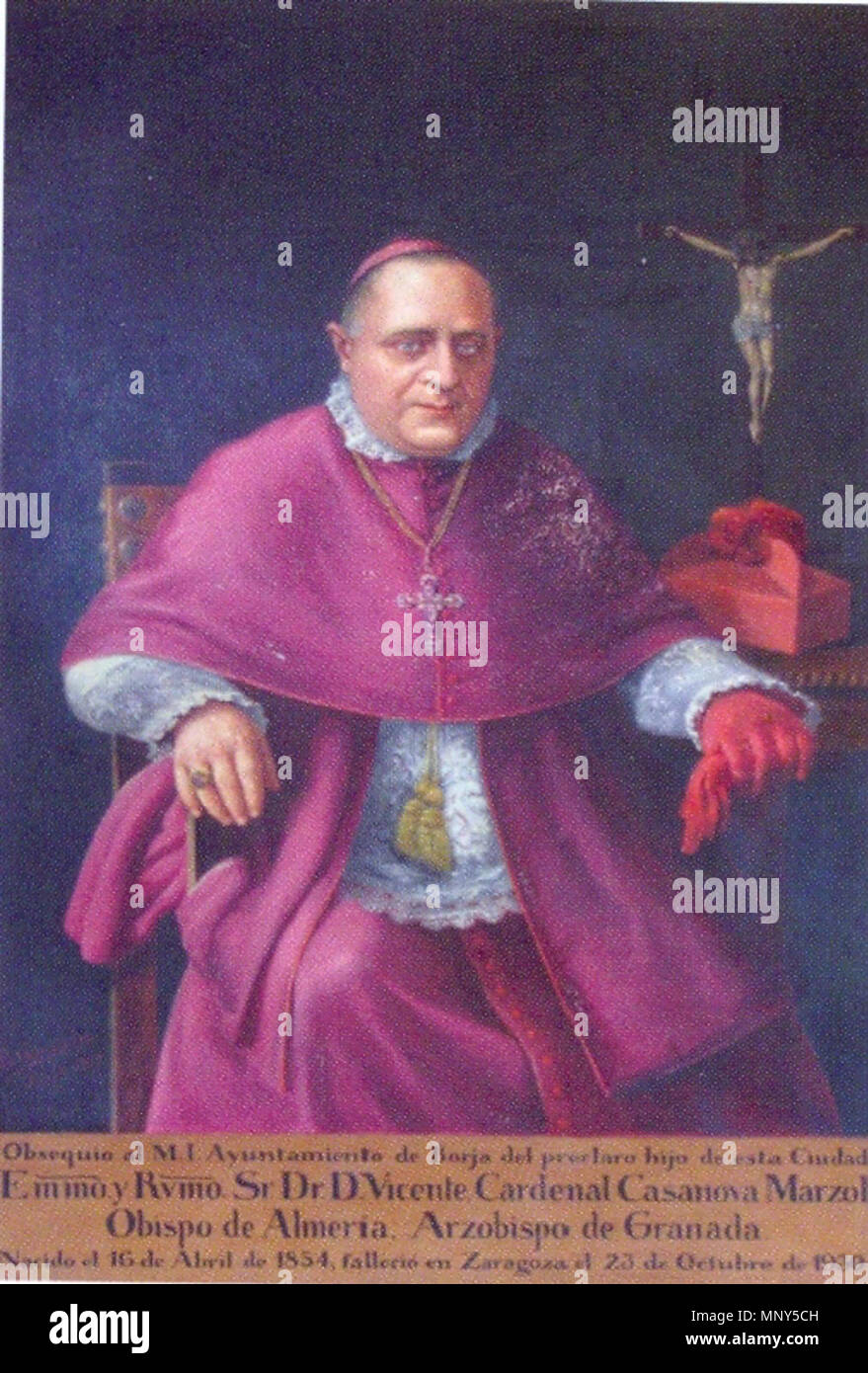 . Español: Retrato del eclesiástico español Vicente Casanova y Marzol (1854-1930), que llegó a ser cardenal de la Iglesia Católica y también obispo de Almería y arzobispo de Granada. Se conserva en el Ayuntamiento de Borja, localidad natal del cardenal. Data sconosciuta. Baltasar González Fernández (1861-1936) 1232 Vicente Casanova y Marzol (Ayuntamiento de Borja) Foto Stock
