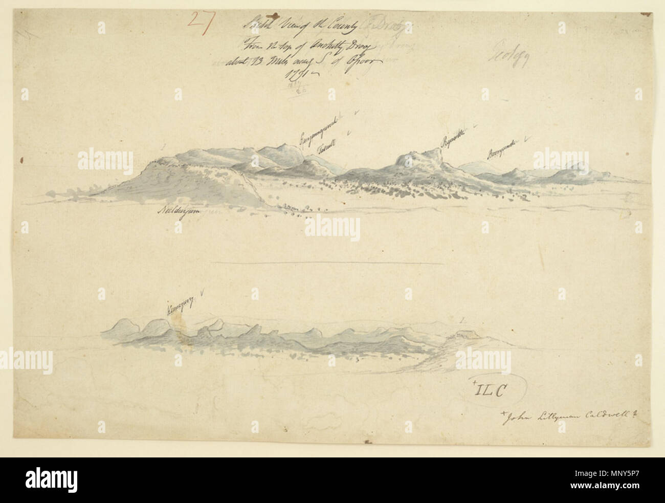 . Inglese: Artista: Caldwell, James Lillyman (1770-1863) Medio: Matita su carta data: 1791 matita, penna e inchiostro e lavare il disegno della vista dalla Anchittidrug da James Lillyman Caldwell (1770-1863) nel 1791. Inscritto sulla parte anteriore dell'inchiostro è: 'Sketch Vista del paese dalla parte superiore del Anchitty Droog circa 13 miglia quasi S di Assoor. 1791. J.L.C."; a matita: "Geologia." James Lillyman Caldwell (q.v.) servita con gli ingegneri dal 1788. Questo disegno è stato fatto durante la terza guerra Anglo-Mysore (1790-92), uno dei più cruciali battaglie combattute dai britannici nella loro campagna per diventare la principale po Foto Stock