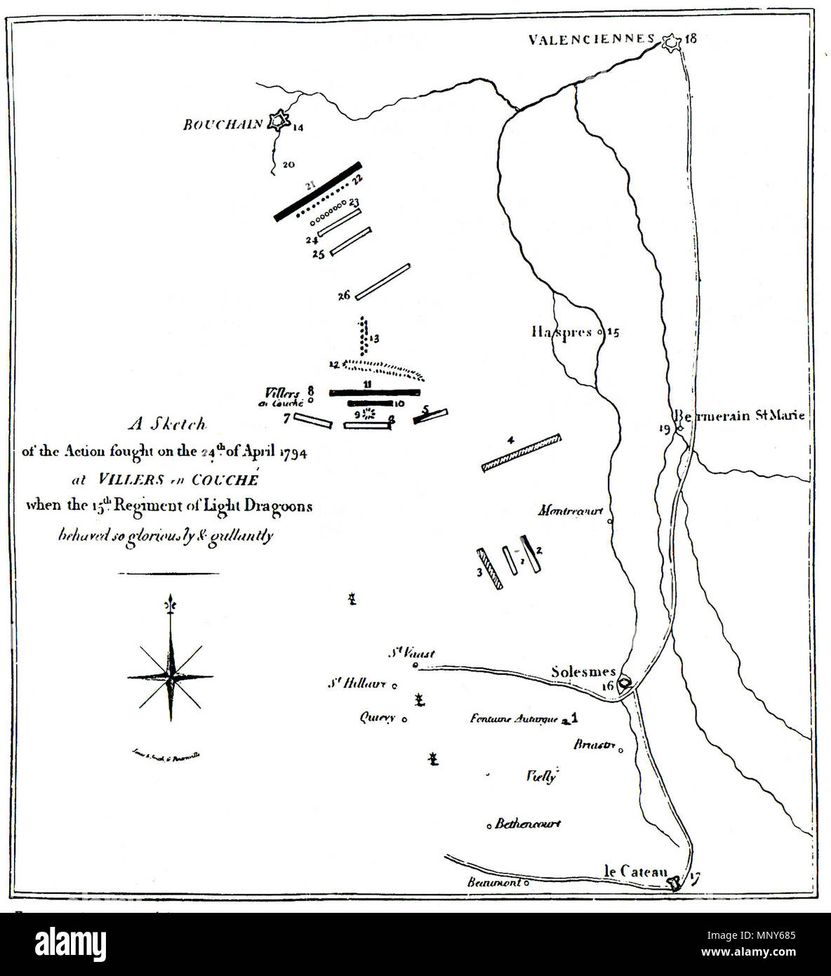 . Inglese: l'azione a Villers-en-Cauchies 24 aprile 1794, riprodotta nel XV (del re ussari) 1759 al 1913 (Il colonnello H. C. Wylly, Caxton Publishing 1914) descrizione numerica del disegno dell'azione di Aprile 24, 1794 1.Fontaine au Targue, una casa colonica, dove il ussari, i soldati di cavalleria pesante e luce xv dragoni giaceva sul loro esercito la notte precedente per l'attacco. 2. Xv luce dragoni e ussari marciando per l'attacco. 3. La cavalleria pesante in marcia verso l'attacco. 4. La cavalleria pesante sentire abbandonati alla luce dragoni. 5. Ussari austriaci. 6. Il diritto squadrone del XV Li Foto Stock