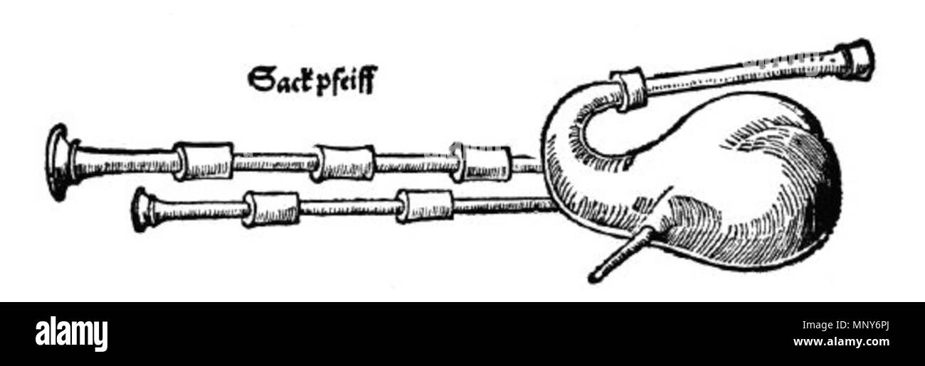 . Deutsch: Sackpfeife/Dudelsack vom Anfang des 16. Jahrhunderts. 2 Bordune . Il 4 settembre 2015. Sebastian Virdungs (1465 -?) 1239 Virdung Sackpfeife Foto Stock