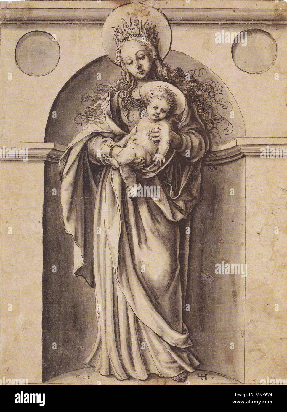 . Inglese: Vergine e il bambino. Penna e inchiostro e spazzola, grey wash, 20,8 × 15,4 cm, Herzog Anton Ulrich Museum di Brunswick. 1520. Hans Holbein (1497/1498-1543) nomi alternativi Hans Holbein der Jüngere, Hans Holbein Descrizione tedesco pittore e disegnatore Data di nascita e morte 1497 o 1498 tra il 7 ottobre 1543 e 29 novembre 1543 Luogo di nascita e morte Augsburg Londra sede di lavoro Basilea (1515-1526), Lucerna (1515-1526), Venezia (1515), Bologna (1515), Firenze (1515), Roma (1515), Venezia (1517-1518), Bologna (1517-1518), Firenze (1517-1518), Roma (1517-1518), Londra (1526-1528), Foto Stock