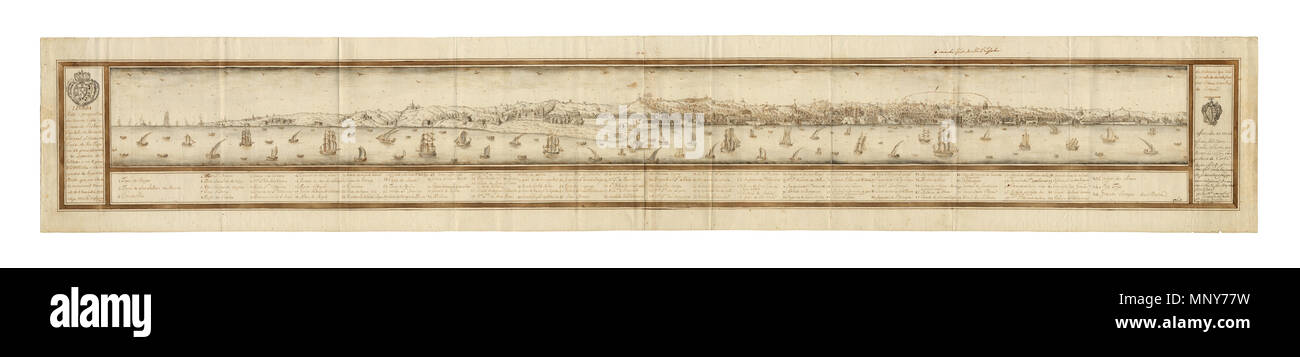 . Inglese: vista sulla città di Lisbona e dei suoi dintorni, che mostra ancora i danni causati dal terremoto del 1755, da Bernardo de Caula. Português: Vista da Cidade de Lisboa e suas imediações, mostrando come ainda cicatrizes fare Terramoto de 1755, por Bernardo de Caula. 1763. Bernardo de Caula 1241 Vista e perspectiva da Barra, Costa e Cidade de Lisboa (Bernardo de Caula, 1763) Foto Stock
