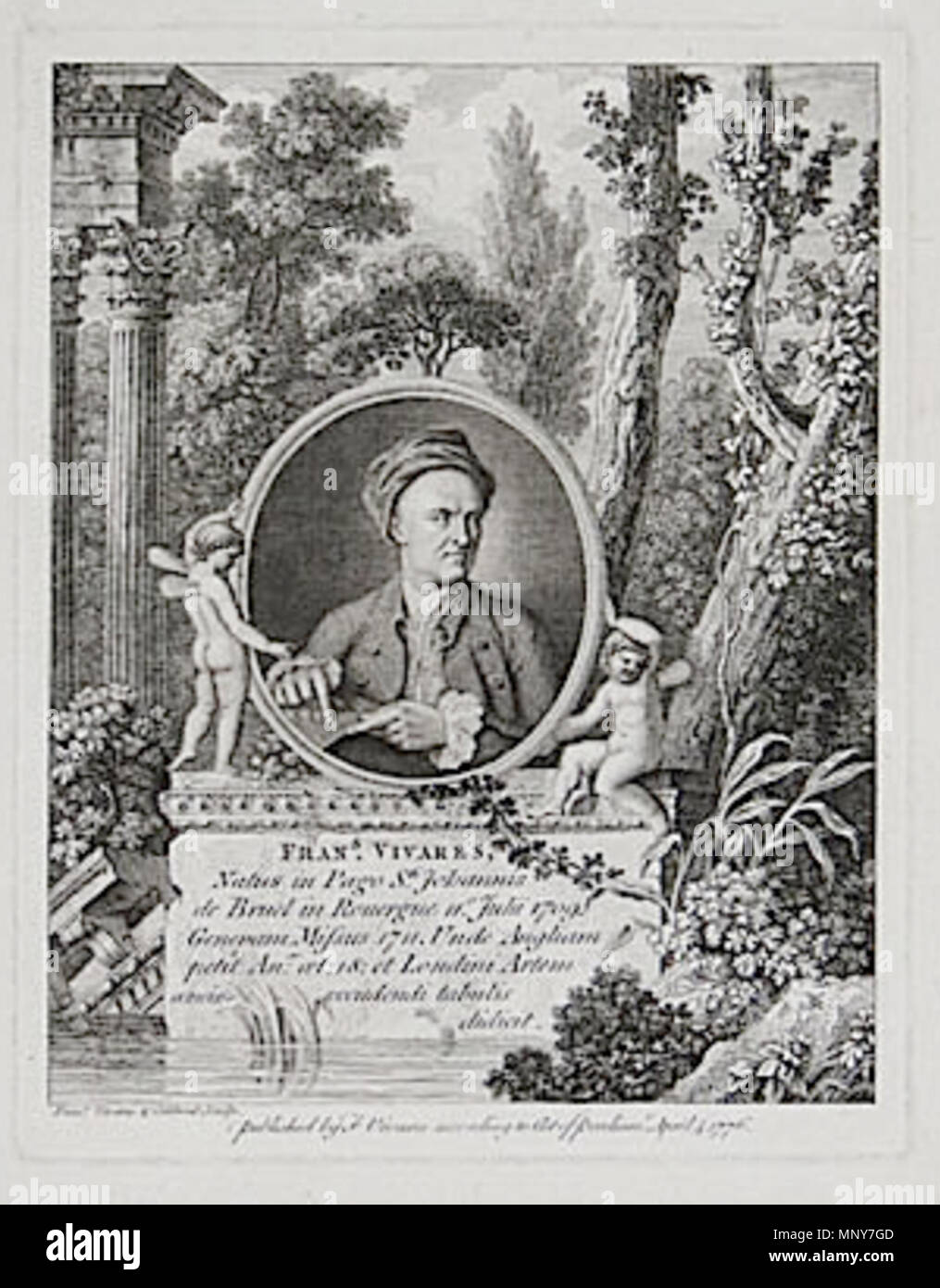 . Inglese: Self Portrait incisione di François Vivares, completato da James Caldwell. Testo : Fran.s Vivares, natus a pago S.ti Johannis de Bruel al Rouergue 11.O Julii 1709... Fran.s Vivares & Caldwell Sculp; pubblicato da F. Vivares Jan secondo atto di Parliam.t, 4 aprile 1776. Dim. : 210 x 165 mm. 1776. Francesco [François] Vivarès & James Caldwell 1243 Vivares autoportrait Foto Stock