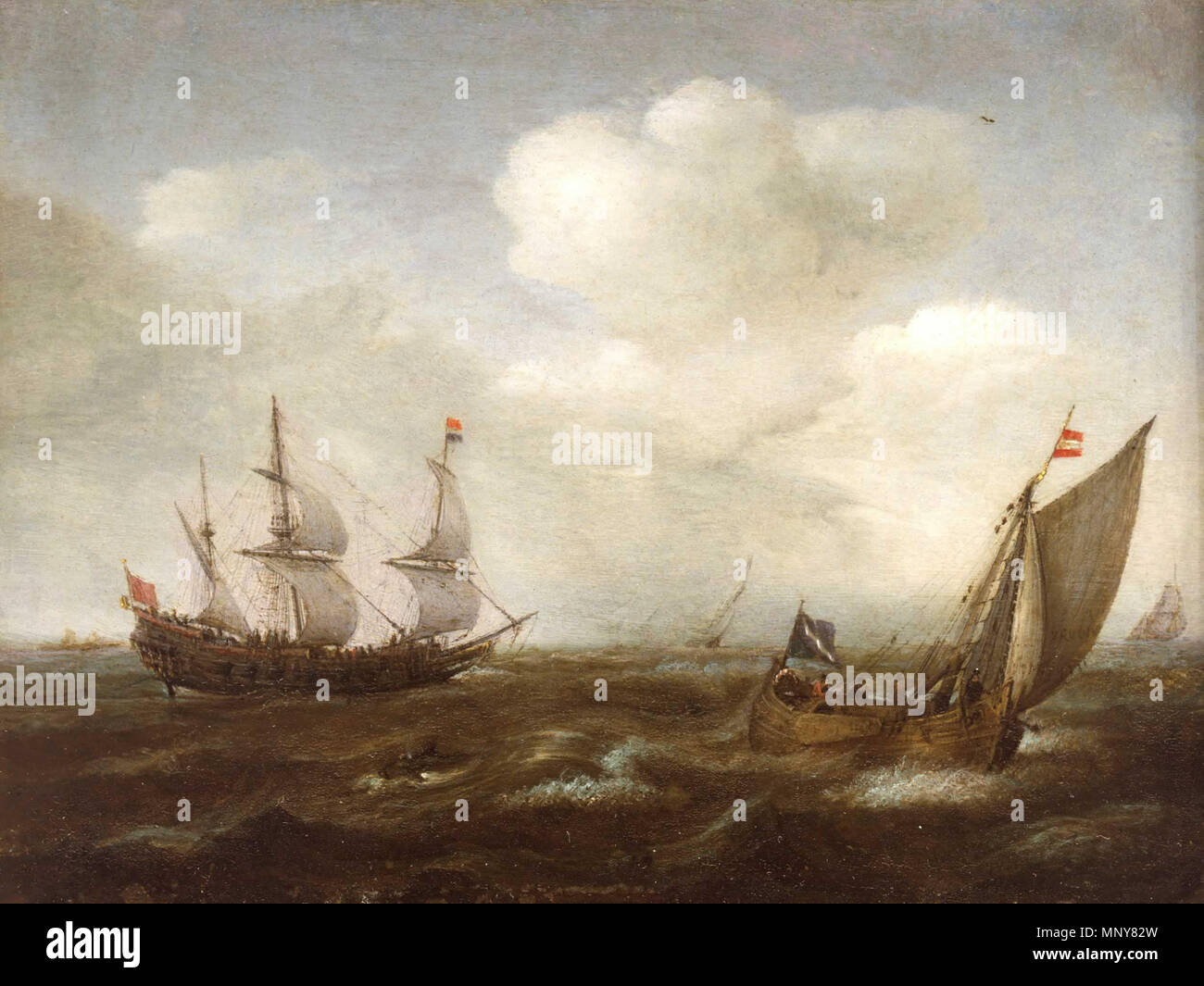 Didascalia originale: " Una nave Olandese e un Kaag in una brezza fresca " . Inglese: sotto un alto azzurro cielo, con luce scintillante attraverso nuvole bianche, un certo numero di navi può essere visto a vela in una fresca brezza. Un piccolo o Balena Delfino è sgorga acqua in primo piano tra le onde instabile. Sopra l'orizzonte basso, sulla sinistra, un tratto di terra è appena visibile attraverso l'atmosfera umida. Sulla destra vi è un kaag, o nave passeggeri, con diversi passeggeri ed equipaggio a bordo. Il rigging e dettaglio sulla barca è stata accuratamente eseguita. Questa nave è solcando le onde e, come th Foto Stock