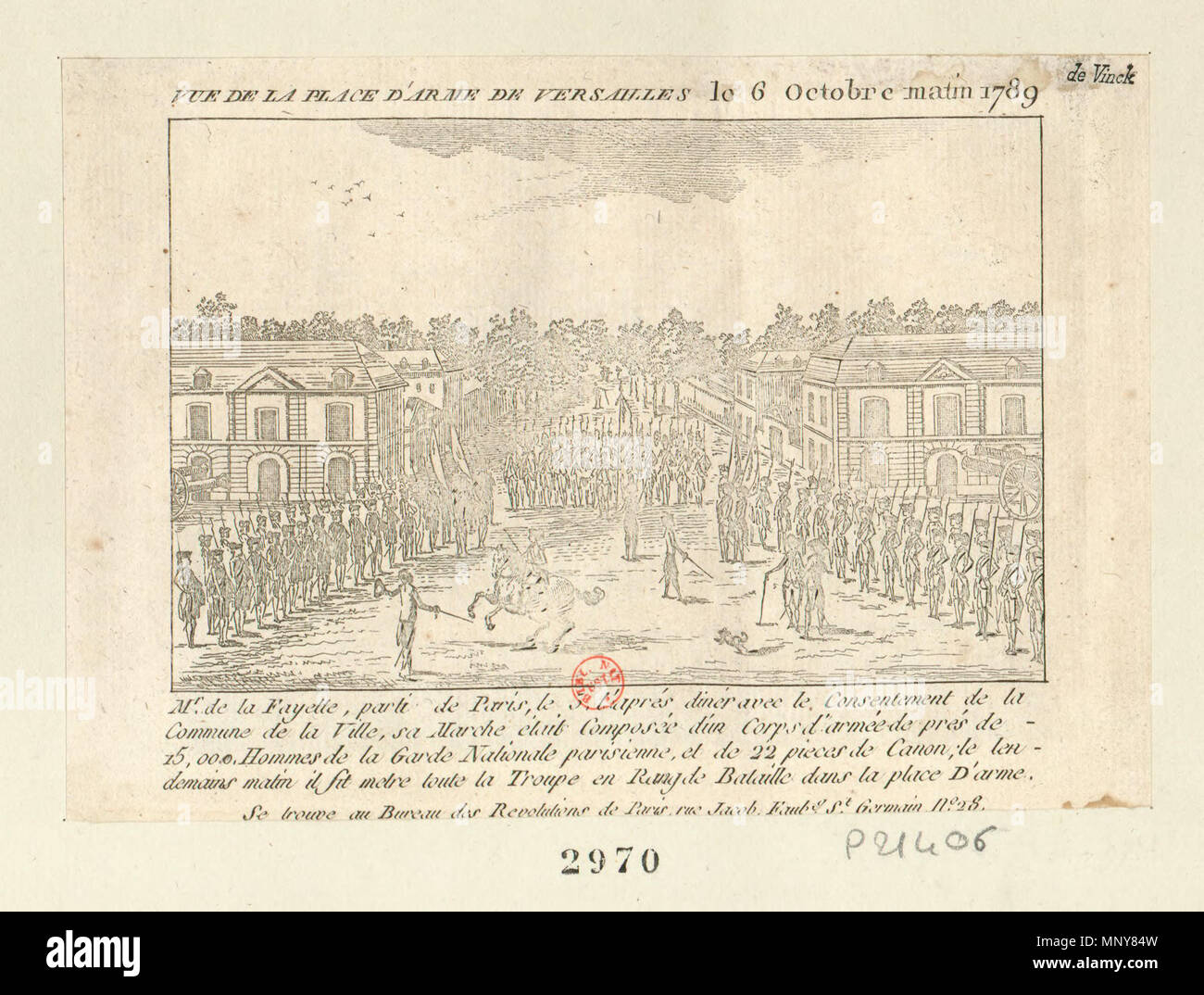 . Français : 'ue de la place d'arme de Versailles le 6 octobre matin 1789 : Sig. de La Fayette, particol de Paris, le 5, l'aprés diné avec le consentement de la commune de la ville, sa marche était composée d'onu corps d'Armée de près de 15, 000 hommes de la Garde nationale parisienne, et de 22 pezzi de canon ; le lendemains matin il montare metro toute la troupe en rang de bataille dans la place d'arme' . Ottobre 1789. Anonyme - Révolution de Paris (ufficiale) 1246 vue de la place d'arme de Versailles le 6 octobre matin 1789 Foto Stock . Français : 'ue de la place d'arme de Versailles le 6 octobre matin 1789 : Sig. de La Fayette, particol de Paris, le 5, l'aprés diné avec le consentement de la commune de la ville, sa marche était composée d'onu corps d'Armée de près de 15, 000 hommes de la Garde nationale parisienne, et de 22 pezzi de canon ; le lendemains matin il montare metro toute la troupe en rang de bataille dans la place d'arme' . Ottobre 1789. Anonyme - Révolution de Paris (ufficiale) 1246 vue de la place d'arme de Versailles le 6 octobre matin 1789 Foto Stock
