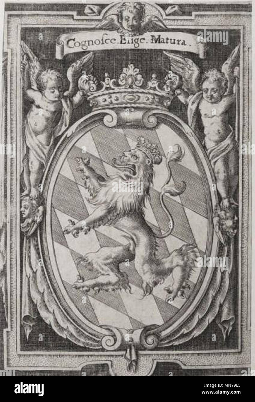 . Wappen der Grafen von Wartenberg des Stammes Haus Wittelsbach-Bayern (= Bastardwappen: pfälzischer Löwe (Pfalzgraf) über silber-blauen Wittelsbacher Rauten (Bayern)); Wappengrafik gefertigt für Graf Franz Wilhelm von Wartenberg (Franciscvs Gvillelmvs proviene un VVartenberg = Franz Wilhelm Kardinal Reichsgraf von Wartenberg (* 1. März 1593 in München; † 1. Dezember 1661) war ein Kardinal aus einer Seitenlinie des Fürstenhauses Wittelsbach. Er zählt zu den bedeutendsten Fürstbischöfen von Osnabrück und Regensburg; zudem leitete er die Diözesen Minden und Verden.) . tra 1601 e 1650. Sconosciuto Foto Stock