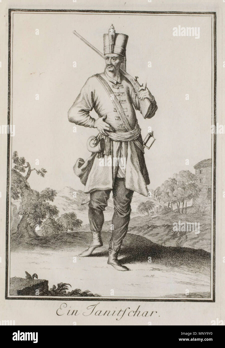 . Inglese: Neu-eröffnete Welt-Galleria. ..., Norimberga 1703. 85. Ein Janitschar. 1703. Christoph Weigel dopo Caspar Luyken Christoph Weigel il Vecchio (1654-1725) nomi alternativi Christoph Weigel der Ältere Descrizione incisore tedesco e publisher e Data di nascita e morte 9 Novembre 1654 5 febbraio 1725 Luogo di nascita e morte di Norimberga Marktredwitz posizione di lavoro autorità di Norimberga controllo : Q100116 VIAF: 12366914 ISNI: 0000 0001 0870 4350 ULAN: 500043269 LCCN: n2008066461 NLA: 36586258 WorldCat Caspar Luyken (1672-1708) nomi alternativi Caspar Luiken Descrizione en olandese Foto Stock