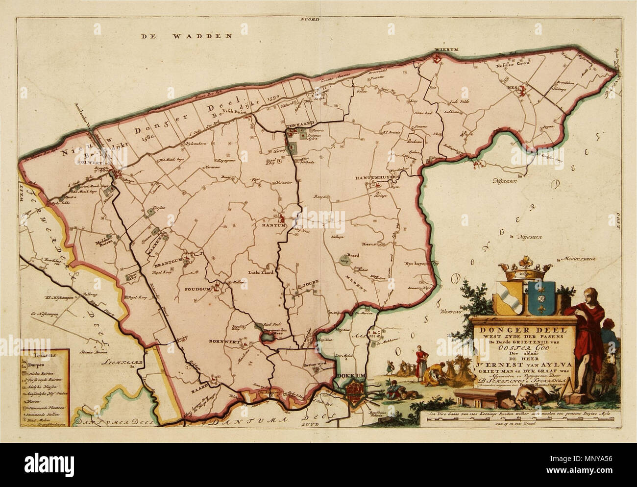 . DONGER DEEL, WEST ZYDE DER PASENS, De Derde GRIETENIJE van Ooster Goo, Doe aldaar de Heer Jr ERNEST VAN AYLVA. GRIETMAN en DYK GRAAF era. Afgemeeten en porta uytgegeven B. Schotanus un Sterringa, vermeerdert porta uitgegeven Francois Halma, MDCCXVIII Nederlands: Kaart van de grietenij en latere gemeente West-Dongeradeel, tegenwoordig onderdeel van de gemeente Dongeradeel. 1718. B. Schotanus un Sterringa West-Dongeradeel 1256 Foto Stock
