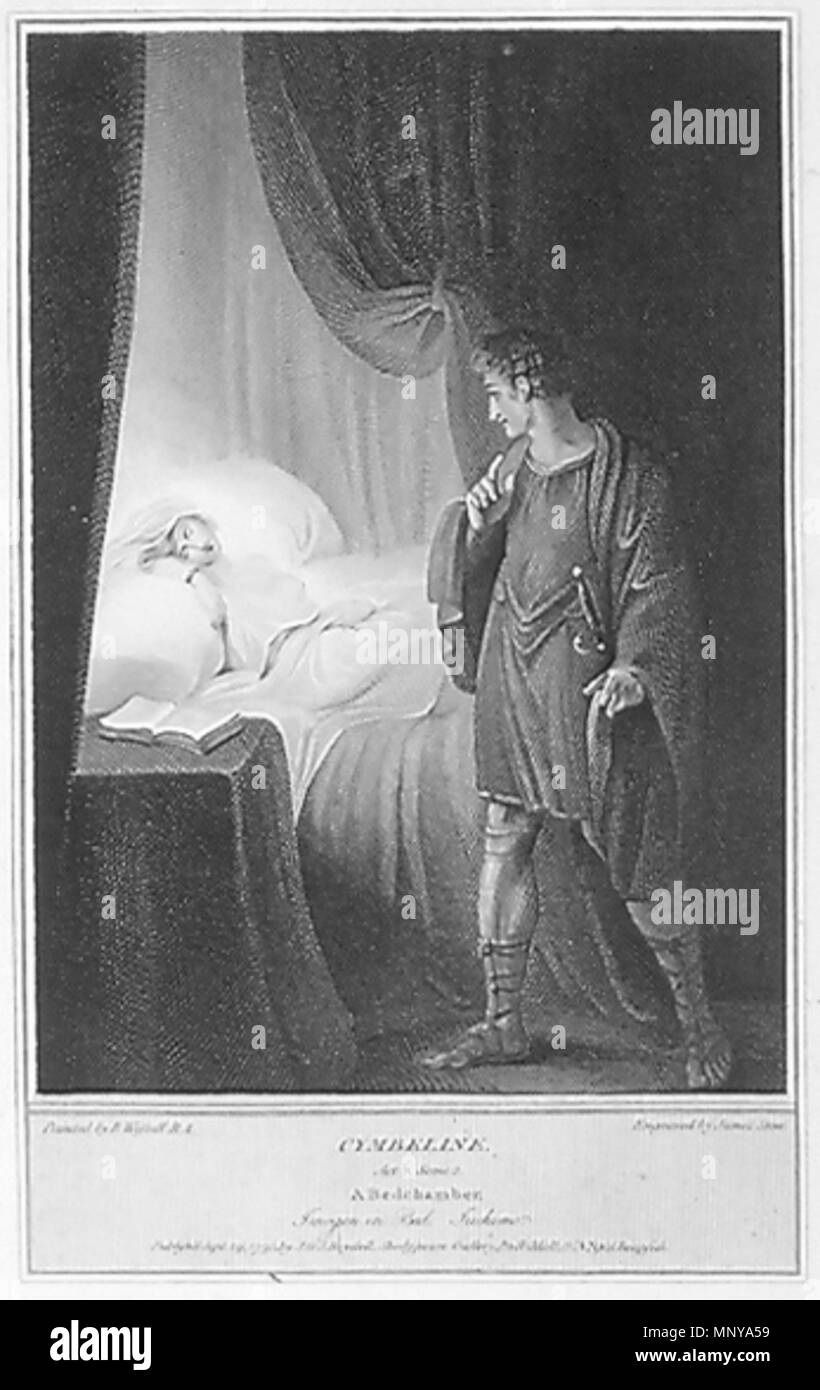 . Cymbeline: atto II, Scena 2: Imogen a letto . 1795. incisione di James Stow (c. 1770-1820) dopo la verniciatura di Richard Westall (1765-1836) 1256 Westall-ImogenInBed Foto Stock