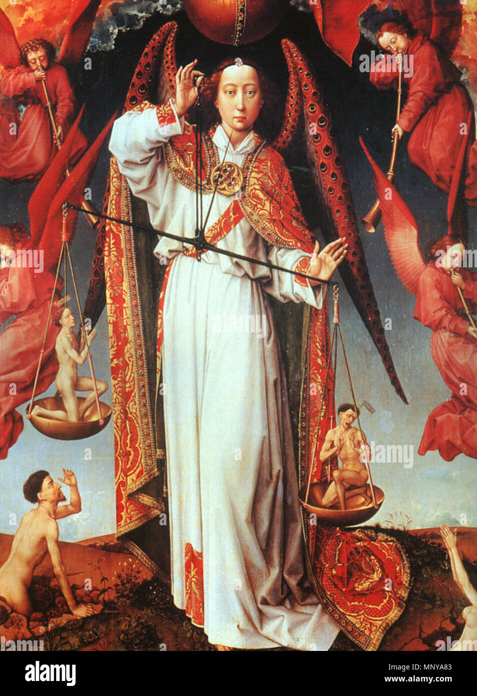 Il Giudizio Ultimo . Inglese: l'Arcangelo Michele, dalla pala d altare del Giudizio Ultimo . circa 1443-46. 1256 Weyden michael Foto Stock