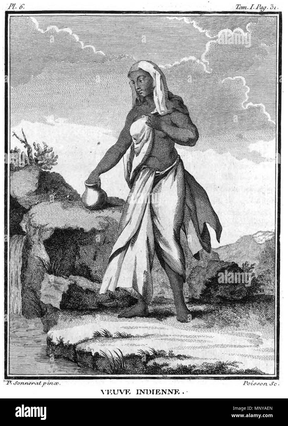 . Inglese: un incisione di veleno dopo un dipinto di Pierre Sonnerat (1748-1814). Secondo la didascalia della foto sul sito web "Le donne che avevano perso i loro mariti e che non ha avuto figli a loro sostegno sono stati spesso trattati come emarginati nella società indiana. Esse non sono più autorizzati ad indossare il tradizionale 'choli' o camicetta sotto la loro sari. Illustrazione da Sonnerat "Voyage aux Indes Orientales et a la lombata, fait par ordre du Roi, depuis 1774 jusqu'en 1781' ('viaggio verso le Indie e la Cina, realizzato per ordine del re, dal 1774 al 1781"), pubblicato nel 1782.' caricato da Fowler&fowler"T Foto Stock