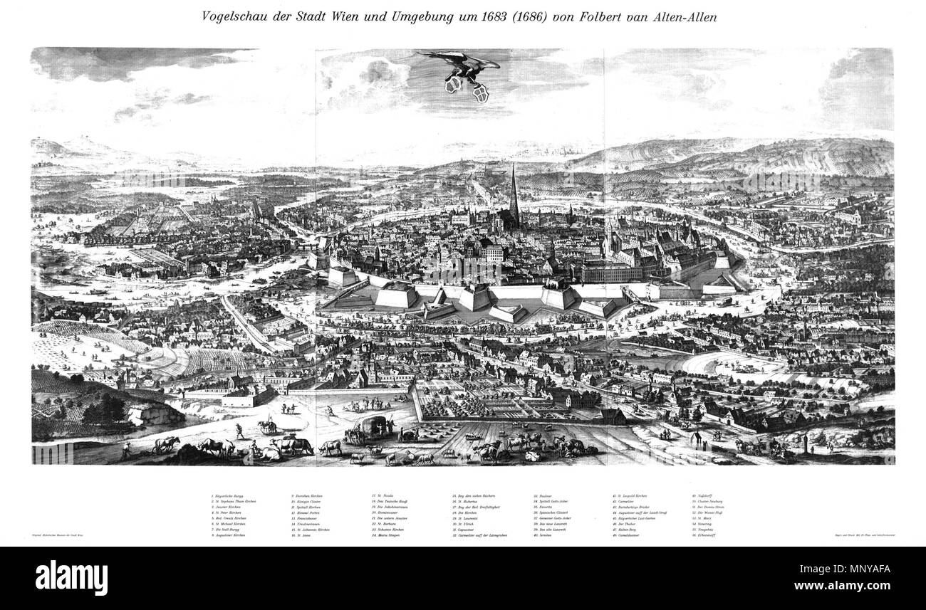 . Deutsch: Vogelschau der Stadt Wien und Umgebung von Nordwesten, entstanden vor der Belagerung durch die Türken 1683, von einem überhöhten Standort etwa zwischen heutiger Währinger und Alser Straße aus, nicht ganz realitätsgetreu; Kupferstich auf 6 Blättern, Druck 1686 (verkleinerte Reproduktion und Druck durch die MA 20 - Pianta- und Schriftenkammer, zirka 1978) . 1683. Folbert (Philibert) van Alten-Allen (Ouden-Allen) 1257 Wien-1683(1686)-Allen-uncroped Foto Stock