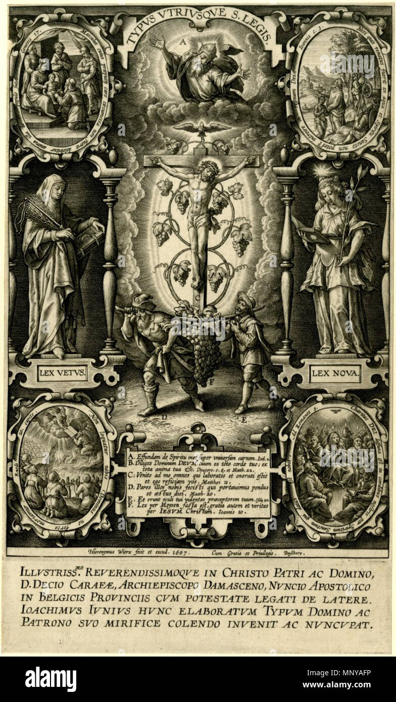 Inglese: incisione da British Museum: al centro, le due spie di Mosè che  porta una pole tra di loro con un grande grappolo di uva appeso; dietro,  Cristo sulla croce circondata