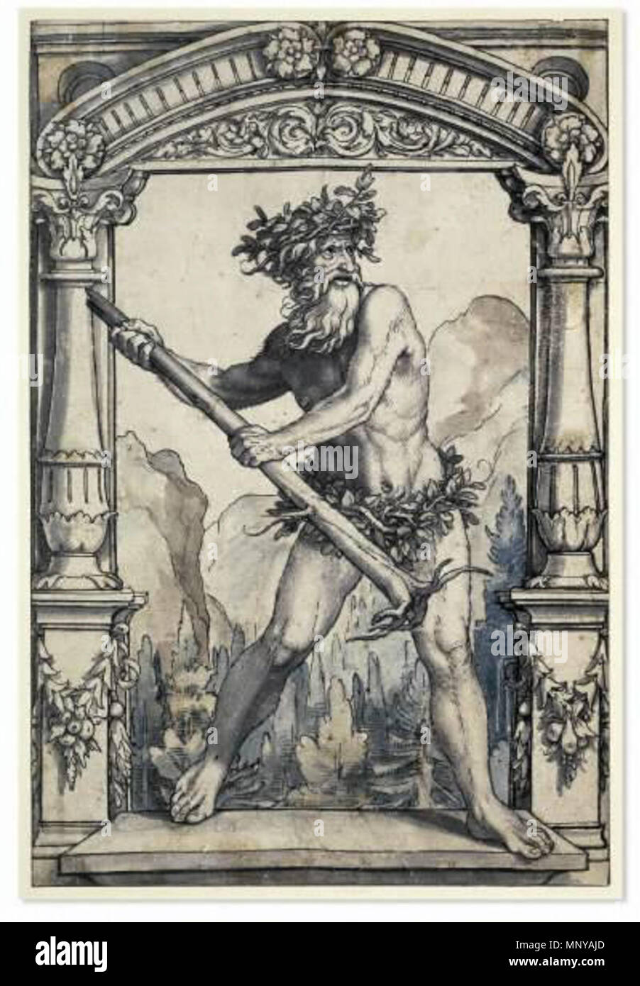 . Un uomo selvatico brandendo un sradicate tronco di albero . 1528. Hans Holbein (1497/1498-1543) nomi alternativi Hans Holbein der Jüngere, Hans Holbein Descrizione tedesco pittore e disegnatore Data di nascita e morte 1497 o 1498 tra il 7 ottobre 1543 e 29 novembre 1543 Luogo di nascita e morte Augsburg Londra sede di lavoro Basilea (1515-1526), Lucerna (1515-1526), Venezia (1515), Bologna (1515), Firenze (1515), Roma (1515), Venezia (1517-1518), Bologna (1517-1518), Firenze (1517-1518), Roma (1517-1518), Londra (1526-1528), Basilea (1528-1532), Londra (1532-1543) Autorità di controllo : Q48319 V Foto Stock