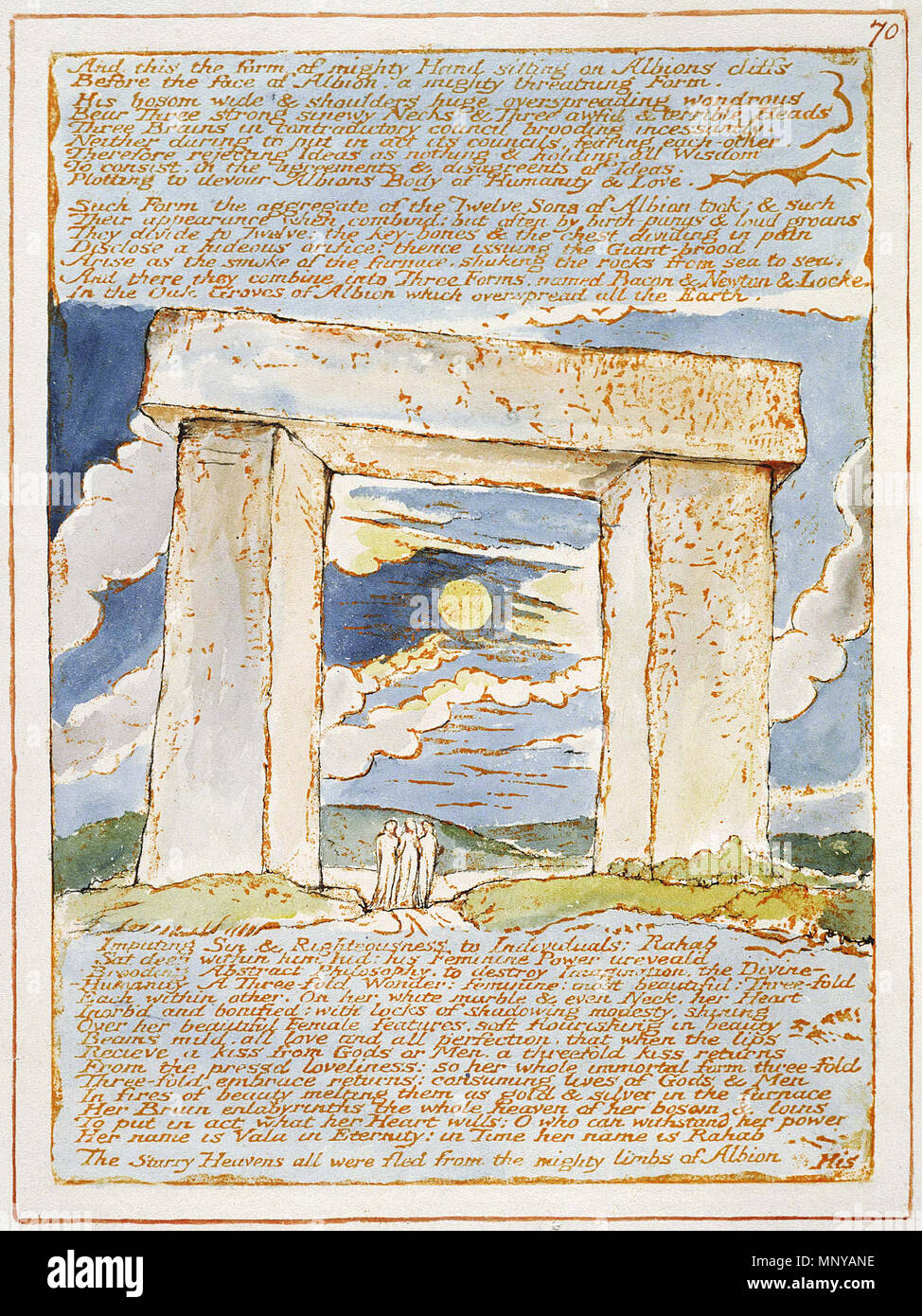 . Inglese: Gerusalemme l emanazione del gigante Albion e p70 300 Gerusalemme l emanazione del gigante Albion, copia e, oggetto 70 (Bentley 70, Erdman 70, Keynes 70) Settore e illustrazione della piastra: una strada passa sotto una grande Trilithon-forse da identificare con il sito di Stonehenge, citato più volte in Gerusalemme-che incombe su tre piedi o passeggiate, figure. La campagna circostante è erbacea e collinare, con suggerimenti di alberi di fronte alla pietra permanente sulla destra. La luna piena illumina un luminoso ma nuvoloso cielo notturno, con gli uccelli in volo tra la pietra angolare di un trilithon Foto Stock