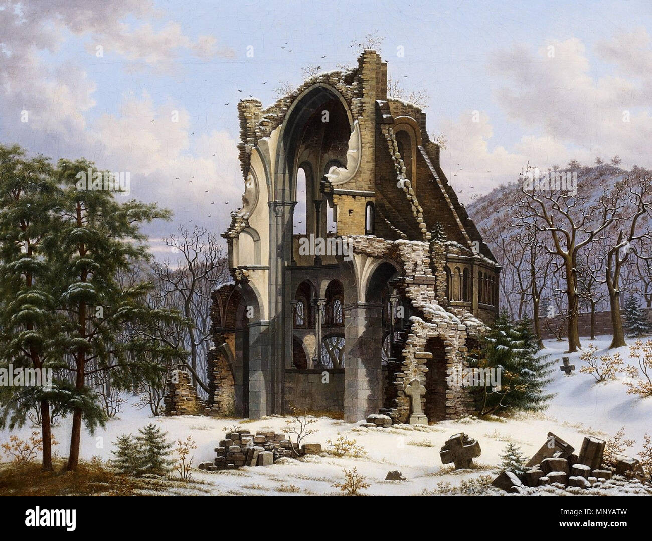 . Deutsch: Klosterruine Heisterbach im inverno. Öl auf Leinwand. 47 x 62 cm. . Xix secolo. cerchio di Wilhelm Steuerwaldt (1815-1871) 1259 Wilhelm Steuerwaldt (Umkreis) Klosterruine Heisterbach im inverno Foto Stock