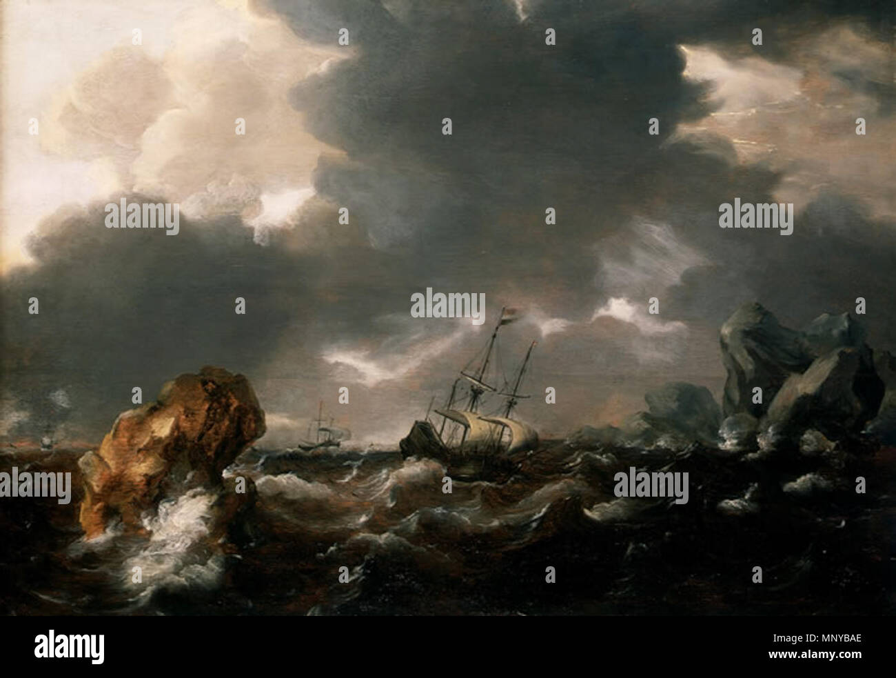 Un commerciante olandese nave funzionare tra le rocce nel brutto tempo 1651. 1261 Willem van de Velde il giovane - un commerciante olandese nave funzionare tra le rocce nel brutto tempo Foto Stock