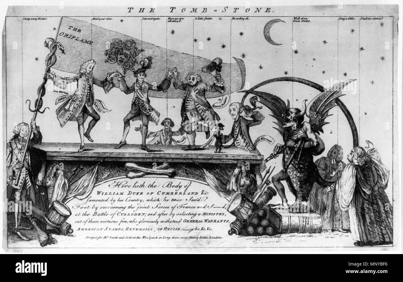 . Inglese: William Augustus, duca di Cumberland. La tomba di pietra. Stampa mostra alcuni uomini, George Grenville, Signore Bute, il Duca di Bedford e, come un piccolo cane che indossa vesti clericali, il dott. W. Scott, etichettato 'AntiSejanus', danza su un sarcofago con bassorilievi di 'Britannia' e 'America' e recante l'iscrizione: "Qui giace il corpo di Guglielmo duca di Cumberland &c lamentato dal suo paese, che egli ha due volte Sav'd. Primo vincendo ... e dopo selezionando un ministero, fuori di quelle virtuose pochi, che hanno resistito gloriosamente warrant generale, AMERICAN timbri, ESTENSIONE DELLE ACCISE, --- &c, &c, Foto Stock