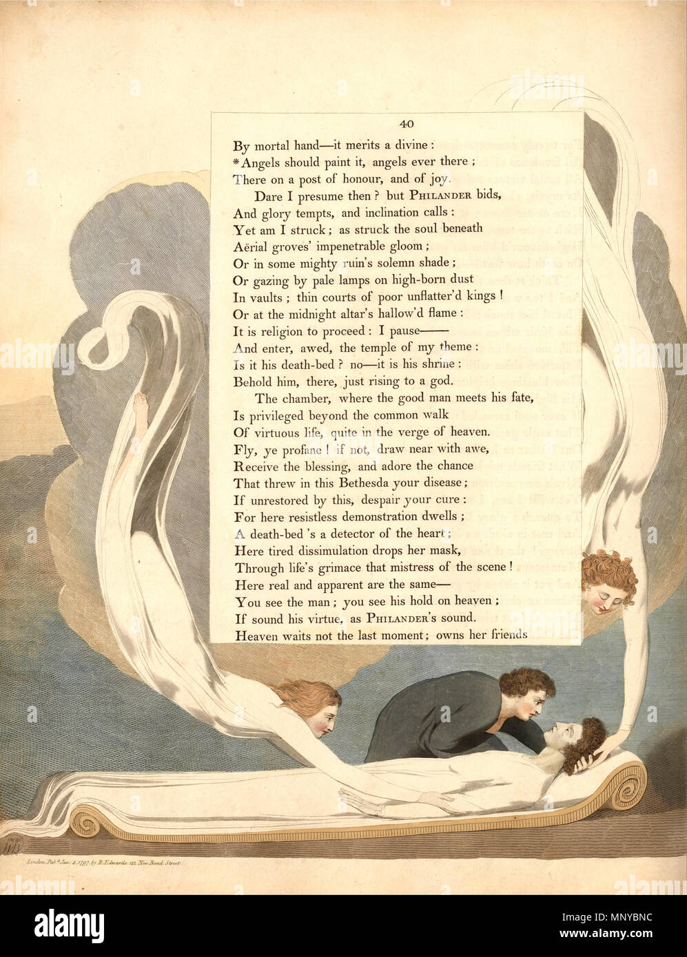 . Inglese: William Blake illustrazione per notte pensieri piastra 40 . Il 10 marzo 2013, 12:07:23. William Blake (1757-1827) nomi alternativi W. Blake; Uil'iam Bleik Descrizione British pittore, poeta, scrittore, teologo, collezionista e incisore, Data di nascita e morte 28 novembre 1757 12 agosto 1827 Luogo di nascita e morte Broadwick Street Charing Cross sede di lavoro London Authority control : Q41513 VIAF: 54144439 ISNI: 0000 0001 2096 135X ULAN: 500012489 LCCN: N78095331 NLA: 35019221 WorldCat questa è una fedele riproduzione fotografica di un due-dimensionale, di pubblico dominio il lavoro di ar Foto Stock