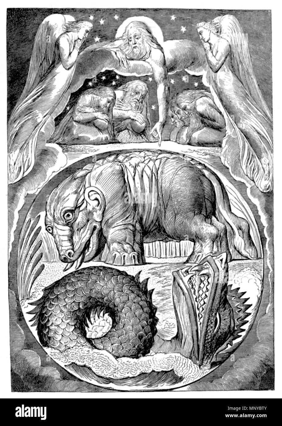 . Una illustrazione estratto da pagina 71 di William Blake, pittore e poeta da Richard Garnett Editore: Londra, Seeley. Behemoth e Leviathan. Dal libro di Giobbe.' da W. Blake. Pubblicato nel 1895. William Blake (1757-1827) nomi alternativi W. Blake; Uil'iam Bleik Descrizione British pittore, poeta, scrittore, teologo, collezionista e incisore, Data di nascita e morte 28 novembre 1757 12 agosto 1827 Luogo di nascita e morte Broadwick Street Charing Cross sede di lavoro London Authority control : Q41513 VIAF: 54144439 ISNI: 0000 0001 2096 135X ULAN: 500012489 LCCN: N78095331 NLA: 350192 Foto Stock