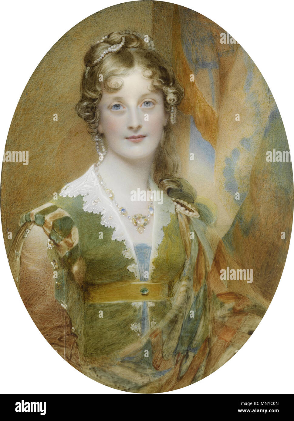 Jane Digby, Lady Ellenborough . Jane Digby, Lady Ellenborough (1807-1881), seduto davanti a un'apertura ed appendere i drappeggi, indossando l'India abito verde con ambra e verde rotoli di spalla, la sua jewelled manicotti barrata per rivelare l'ambra, la sua scollatura bordato con pizzo bianco, teal underdress, un arancio bruciato, teal e mare verde stola fissato tramite perni alla sua spalla sinistra con una spilla di perla, zafferano jewelled anta, zaffiro e smeraldo collana pendente, i capelli biondi parzialmente e arricciata upswept, vestito con filamenti di perle . Xix secolo. 1264 William Charles Ross - Ritratto di Jane Digby Foto Stock