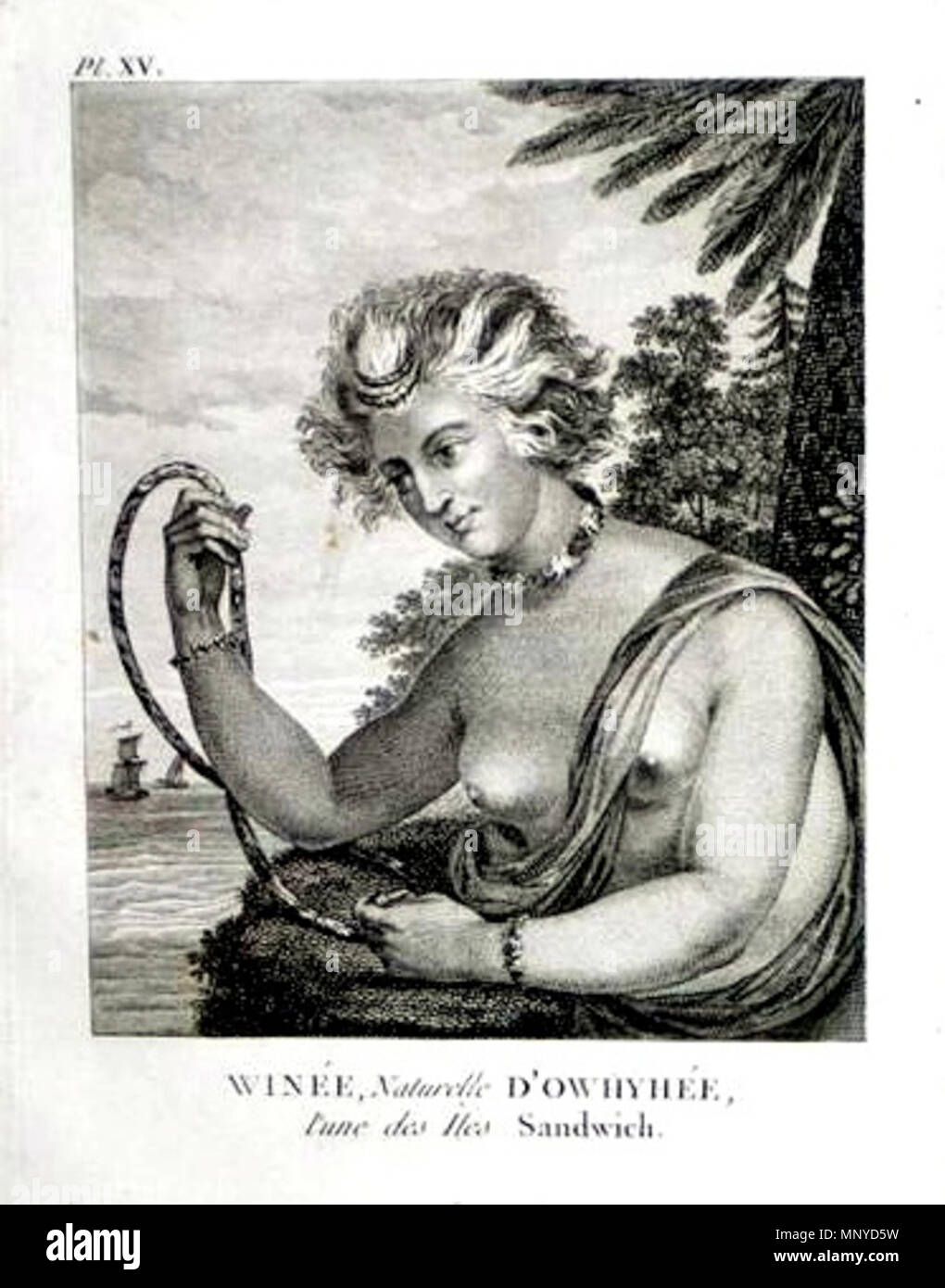 . Inglese: Winee. Naturelle D'Owhyhee L'une des Iles Sandwich. Parigi. 1794. Questa bella incisione di una donna delle Isole Hawaii è stata disegnata da un membro del capitano John Meares' equipaggio durante i suoi viaggi in America del nord-ovest del Pacifico, la Cina e le Hawaii negli anni 1786, 1788 e 1789. Questa incisione su rame è stato il francese dalla edizione di "John Meares Voyages realizzato negli anni 1786, 1788 e 1789." pubblicato a Parigi, nel 1794. Winee andò a nord-ovest del Pacifico a bordo della nave britannica aquila imperiale come il servo della moglie del capitano della nave di Charles Barkley. Ella è stata lasciata nel cantone dove ella Foto Stock