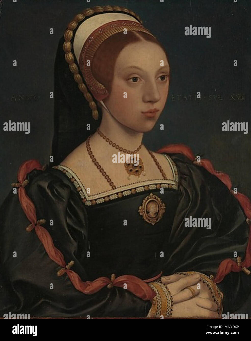 Ritratto di una giovane donna . Inglese: Ritratto di una giovane donna . tra 1540 e 1545. 1273 Workshop di Hans Holbein il Giovane Ritratto di Signora Foto Stock